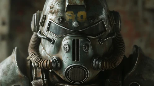 Front view of weathered armored power suit helmet model.