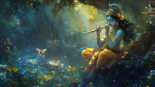 Divine flutist rests in a glowing forest of mystical light