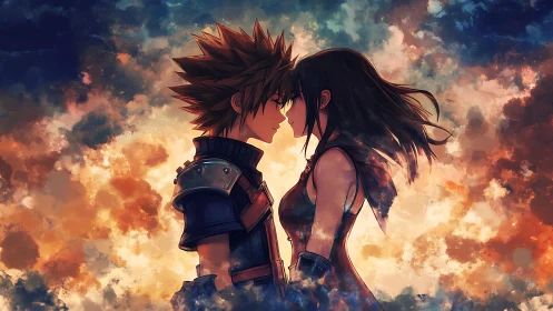 Starlit anime couple in a glowing, cloud-swept embrace.