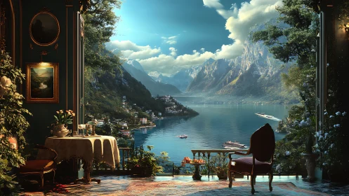 Lakeside salon terrace overlooking dramatic alpine bay.