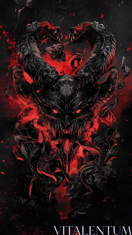 Demonic horned skull emerges in red and black digital chaos