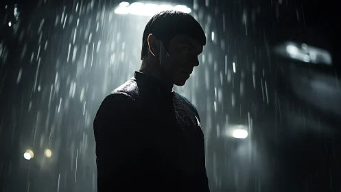 Pointed ear figure standing in heavy rain at night.