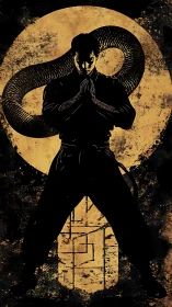 Martial artist silhouette stands before coiled serpent emblem