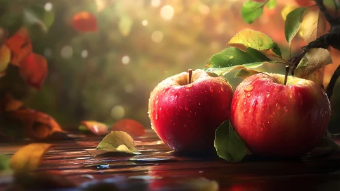 Sunlit autumn apples glisten with fresh morning dew.