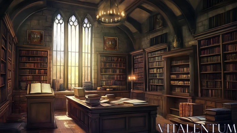 Golden light fills a grand medieval library of worn tomes
