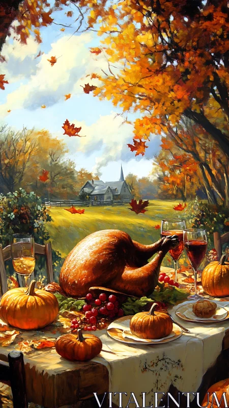 Roasted turkey on autumn table before rural church landscape