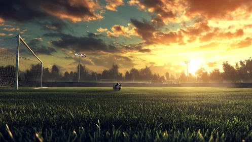 Low-angle football pitch at sunset with volumetric lighting.