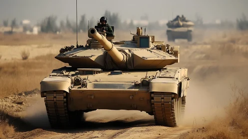 Combat tanks advancing across desert terrain.