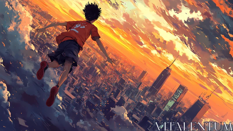Boy soars above a glowing city skyline at blazing sunset