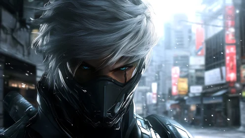 Cybernetic swordsman with silver hair in neon winter city.