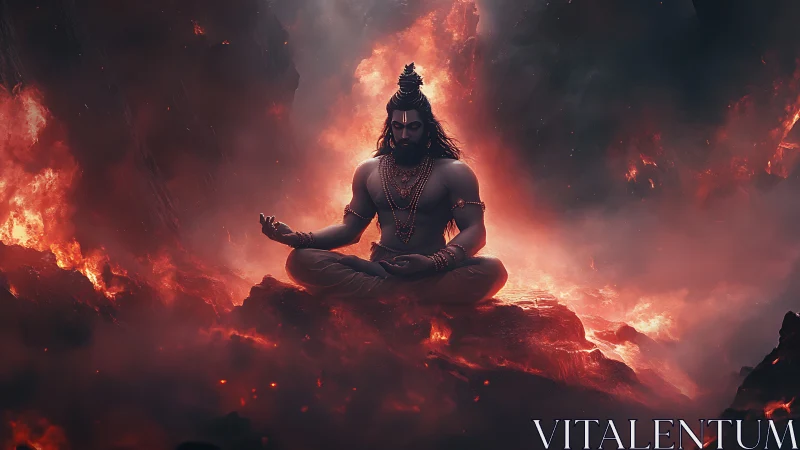 Meditative deity figure seated amid glowing volcanic lava.