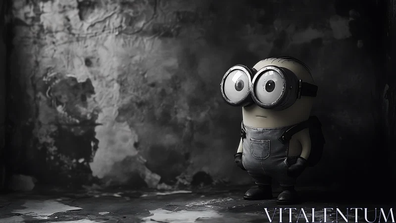 3D cartoon character stands in dim, textured concrete space