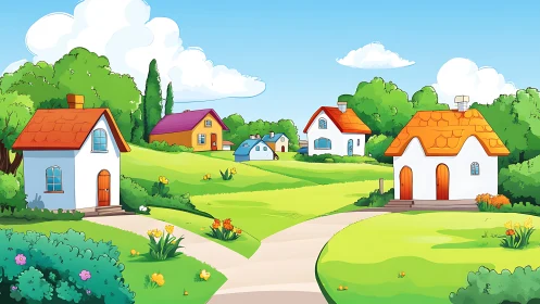 Sunlit storybook village where winding paths meet. Period.