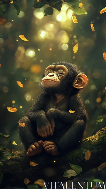 Young chimpanzee resting on forest branch with foliage around.