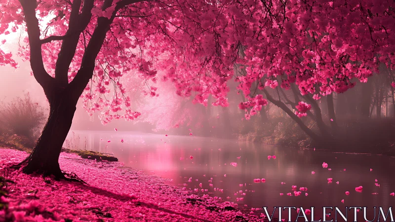 Dreamy pink blossom riverside glowing in soft morning light.