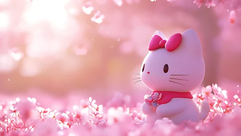 Softly lit chibi cat figurine rendered in pink bokeh sakura field