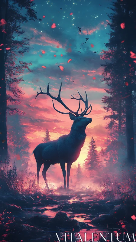 Digital illustration shows stag silhouette against lit forest sky
