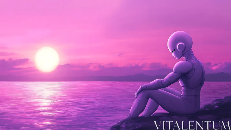 Solitary humanoid android at magenta coastal sunset horizon