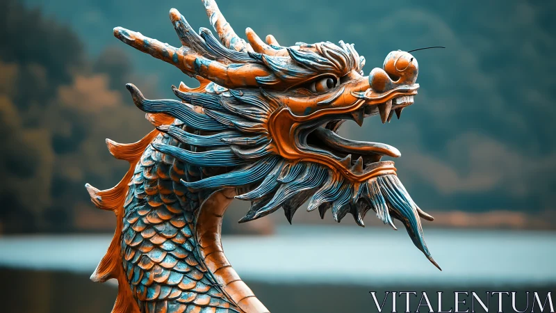 Majestic dragon sculpture rises against misty lakeside backdrop.