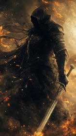 Hooded knight rising from swirling embers of battle.