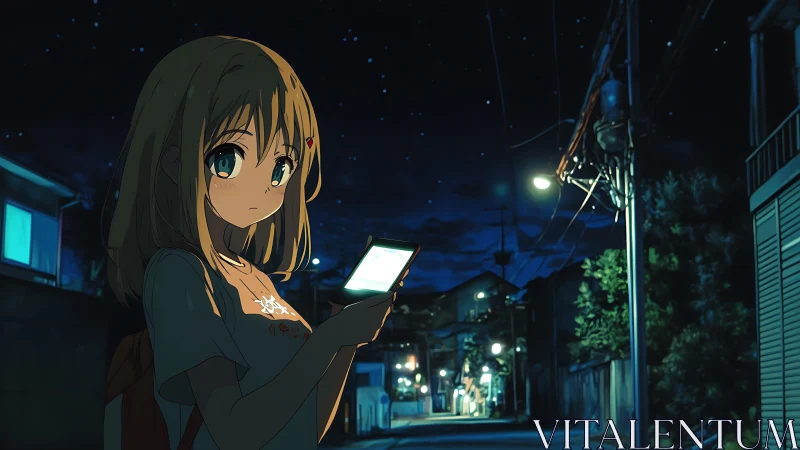 Quiet night walk with glowing phone and distant starlight.