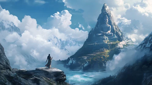 Mist-wrapped pilgrim greets a colossal mountain Buddha in silence