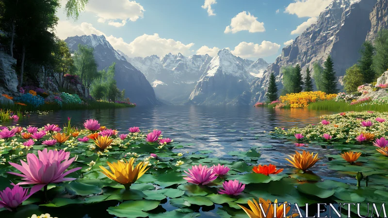 Mountain lake with blooming water lilies and alpine panorama