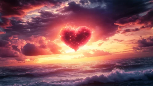 Heart shape luminous in sky above ocean at sunset.