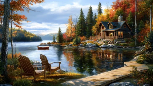 Lakeside cabin glows amid autumn forest reflections at dusk.
