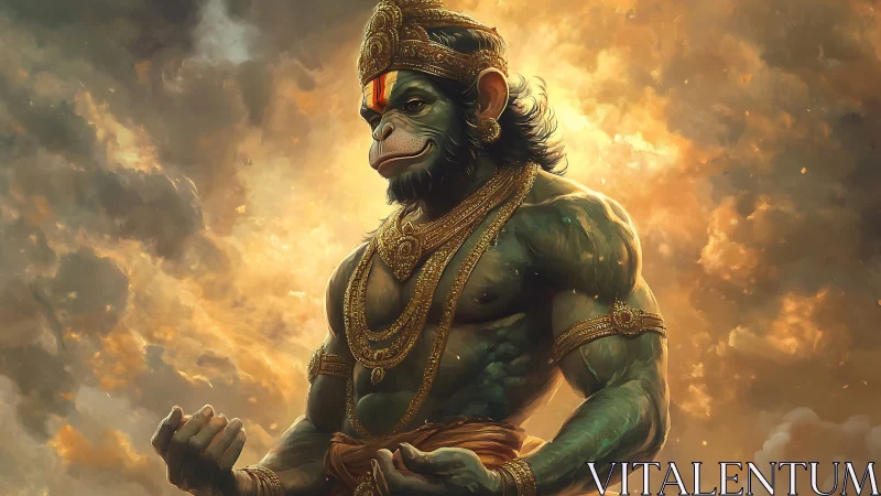 Hanuman-like warrior figure stands against glowing clouds.