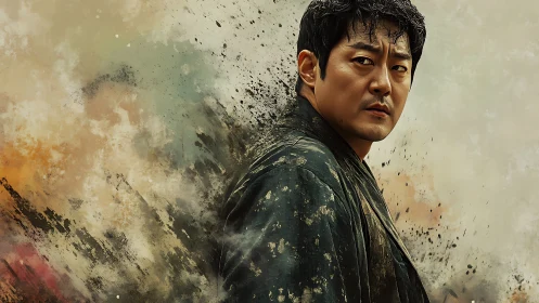 Male portrait merges realistic rendering with dynamic paint dispersion