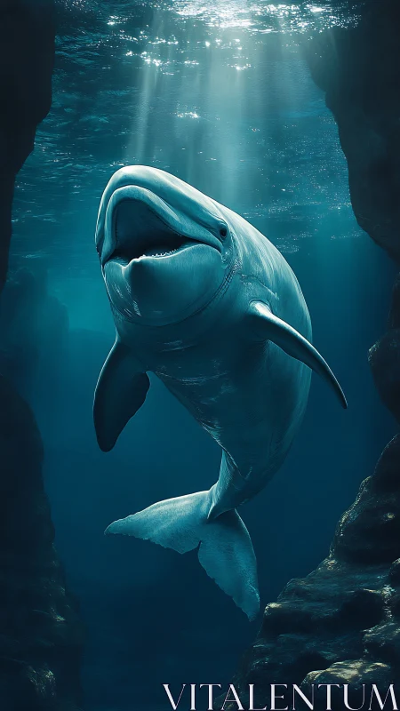 Majestic beluga whale glides through sunlit ocean canyon