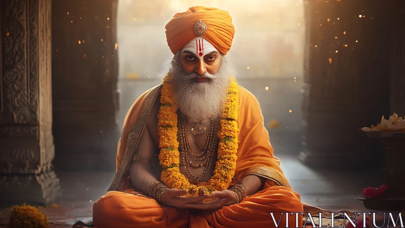 Orange-robed Hindu guru meditates in softly lit temple hall