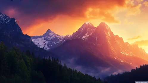 Spectral alpine ridgeline under volumetric sunset illumination.