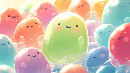 Pastel jelly characters in soft luminous bubble cluster.