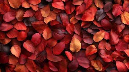 Macro study of overlapping red autumn leaves, high saturation