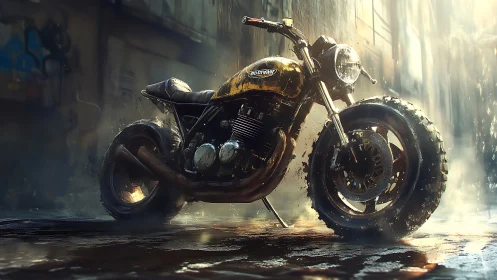 Rust-patinated cafe racer motorcycle rendered in dynamic rain backlight