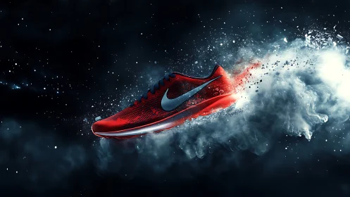 Red running shoe bursts through cosmic smoke and motion