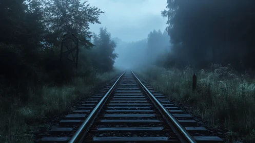 Quiet foggy railway leading into a soft blue morning hush.
