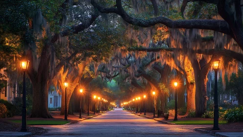 Golden lanterns under moss-draped oaks at evening hush.