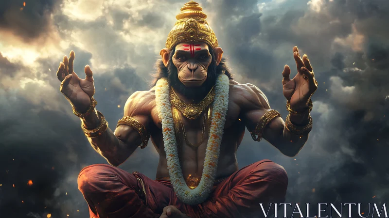 Stormlit monkey deity meditates in embers and golden armor.