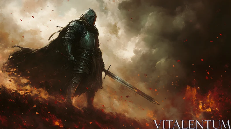 Armored knight stands over burning battlefield in storm
