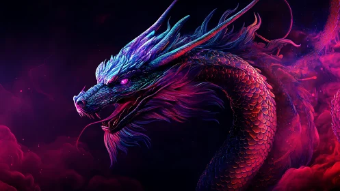 Vibrant neon dragon gliding through glowing cosmic mist.