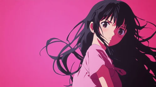 Long haired anime girl turns against flat pink background