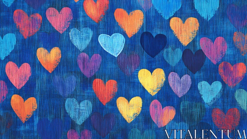 Vibrant hearts scattered across textured blue backdrop.