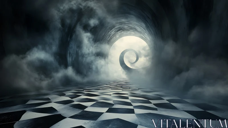 Surreal fog tunnel curls toward luminous spiral horizon