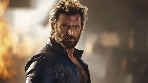 Brooding action hero in leather jacket amid fiery blur.