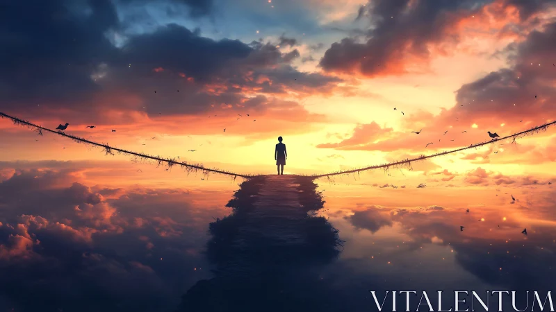 Silhouetted figure stands on sky bridge above glowing clouds