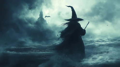 Solitary witch strides through storm-tossed, haunted seascape.