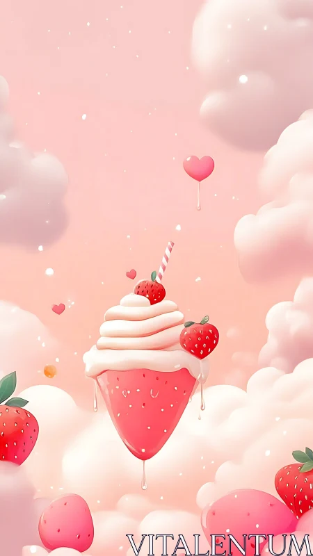 Floating strawberry cream slice amid pastel candy clouds